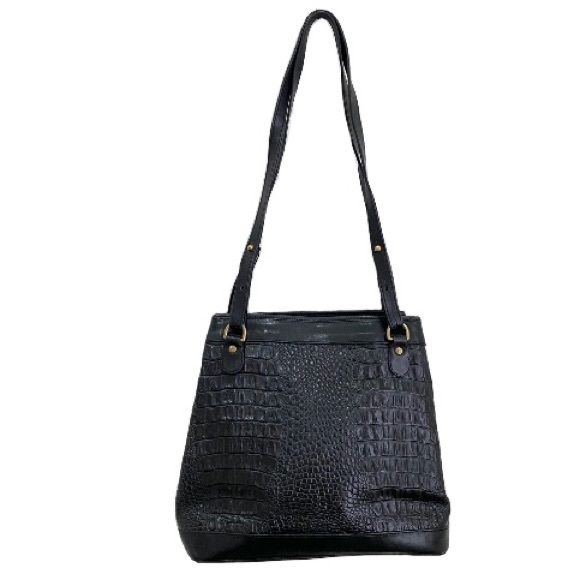 Vintage BRAHMIN Black Embossed Croc Leather Double Strap Bucket Shoulder Bag - Picture 7 of 16